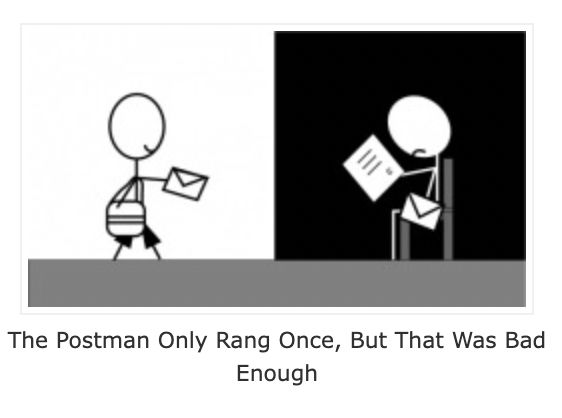 Left side: happy stick-man postman holds out a letter. Right side: sad stick-person sits in the dark looking sadly at a letter.