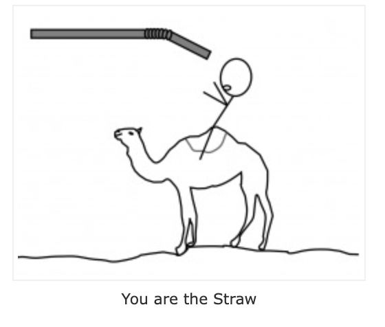 Startled-looking stick person on a camel, being menaced by a straw.
