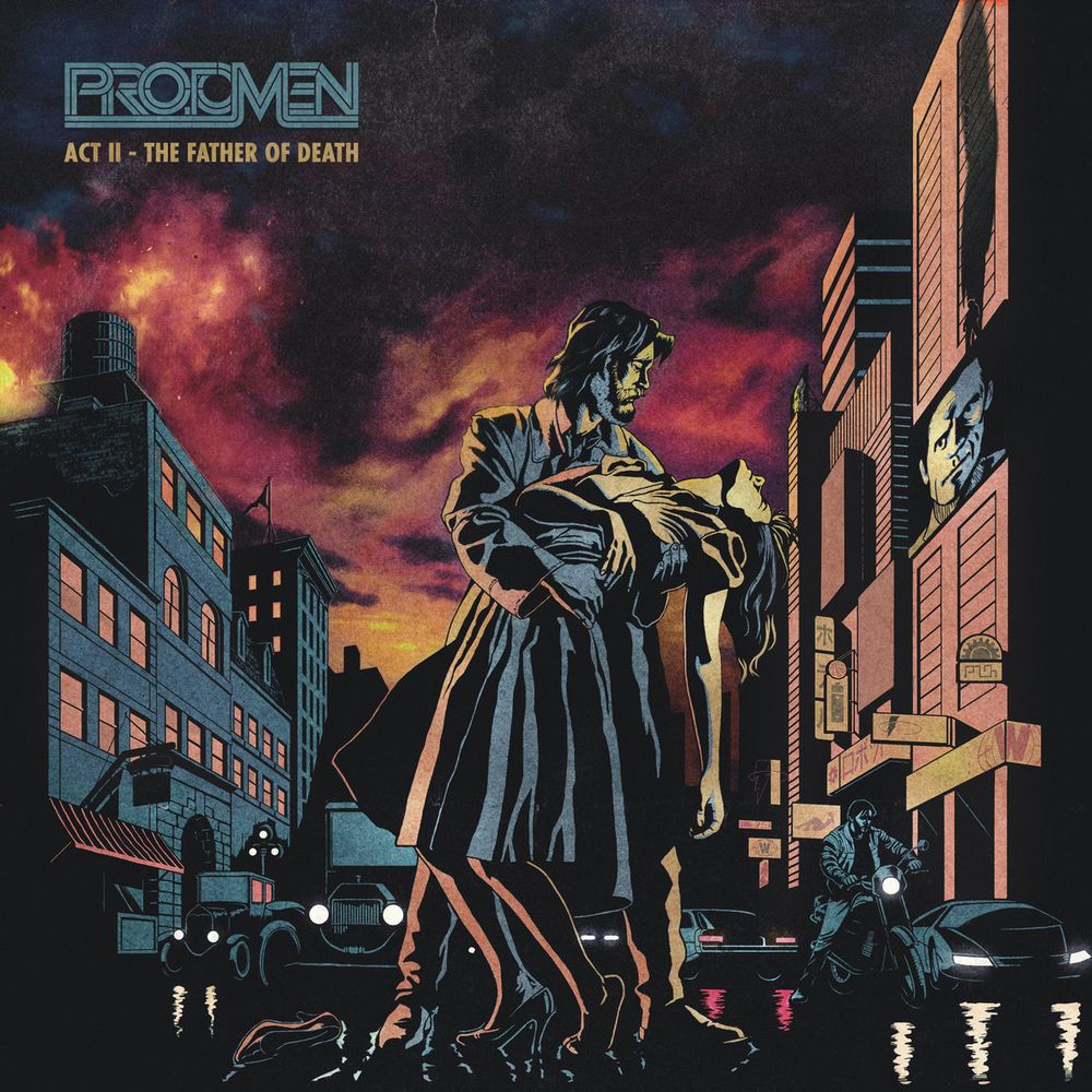 cover art for the album Act II - The Father of Death by The Protomen. In a dystopian beneath a smoky orange and red sky, a man cradles a dead woman in his arms.