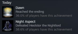 screenshot showing the Elden Ring Nightreign achievements "Dawn" and "Night Aspect" - achieved by reaching the ending and beating the final boss respectively
