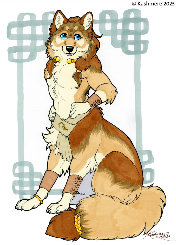 Wolf Taur sitting up, wearing a scarf around his waist and leather bands around his front paws and arms