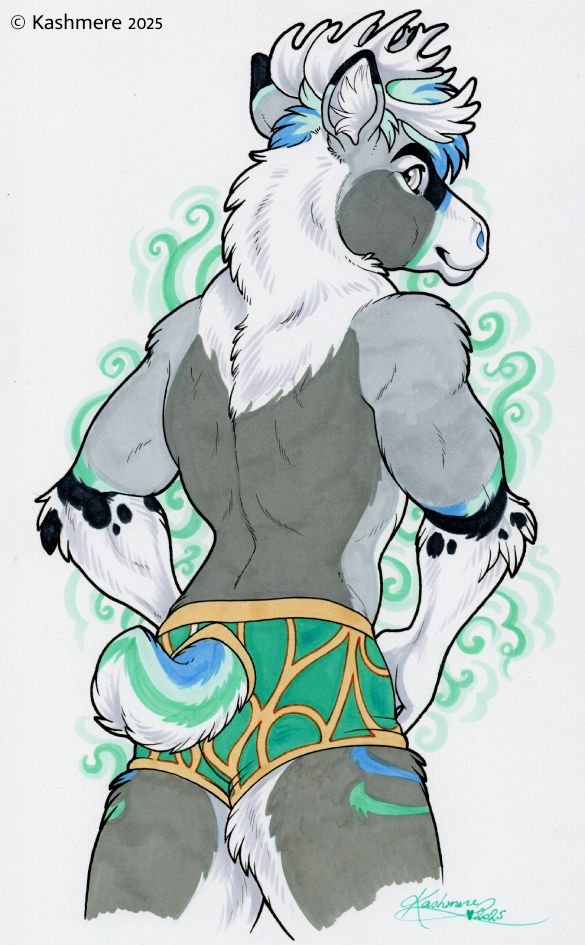 Male Caribou wearing green and gold boxers, looking behind him