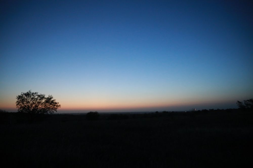 A twighlight sky, fading from cool dark blue at the edges to a thin band of orange at the horizon. A single tree is in the distance, silhouetted against the fading sun.