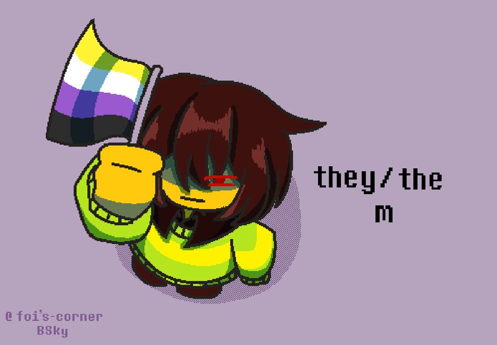 Small pixelated Kris holding up the Nonbinary flag 