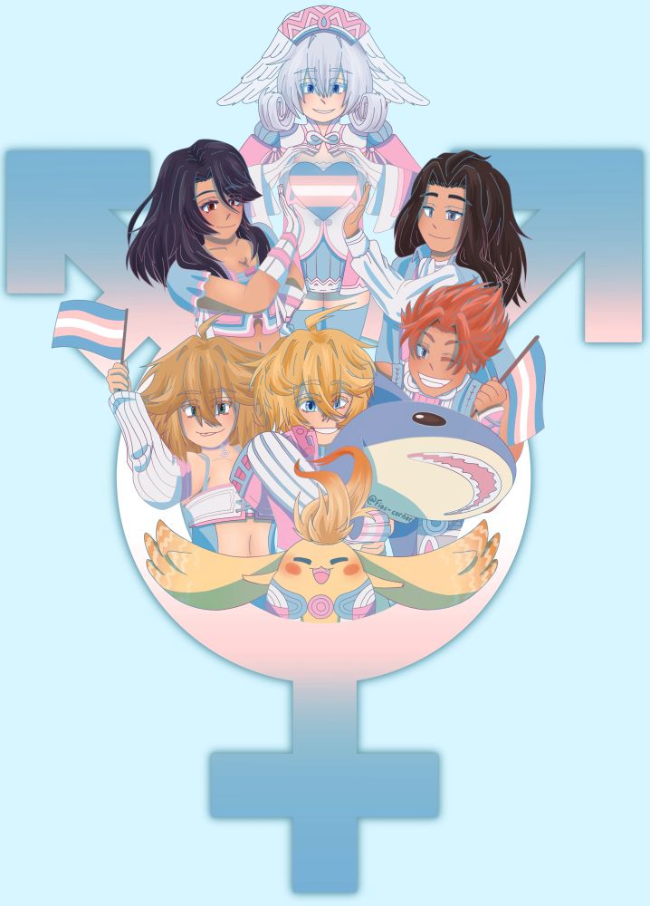 Main cast of Xenoblade 1 inside of the transgender symbol. Shulk hugs a Blåhaj (IKEA Shark) Fiora and Reyn hold pride flags while Riki is at the bottom. Sharla, Dunban and Melia hold their hands together to form a heart in the center. 