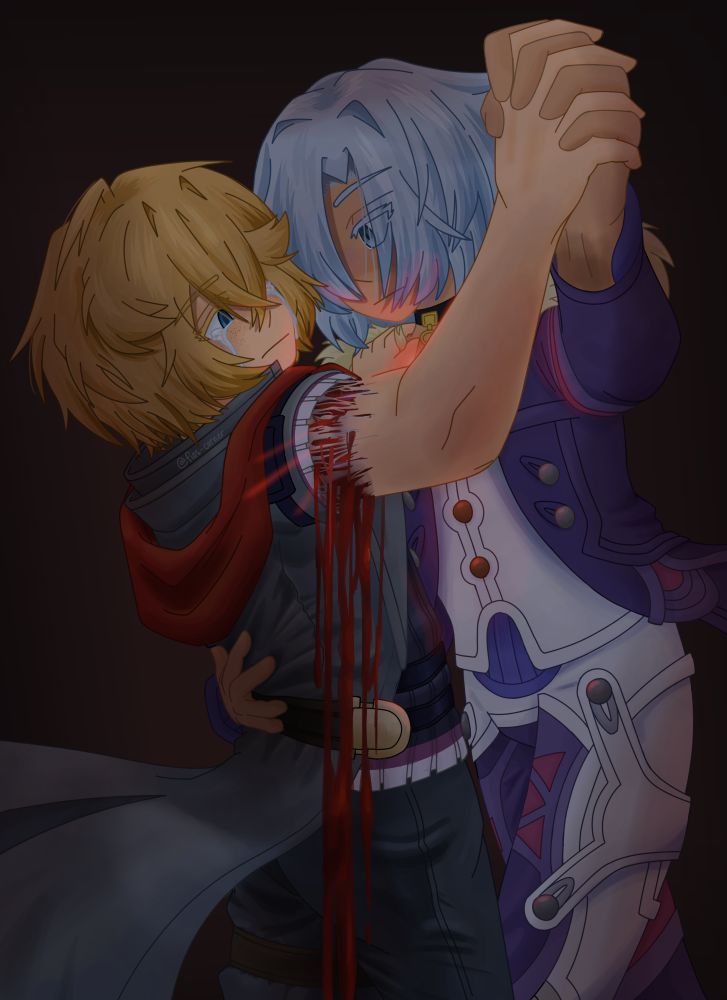 Interpretation of Shulk losing his arm in Future Redeemed. Him and Alvis are in a dance inspired pose, holding hands while Shulk's arm is  beginning to be ripped off.
