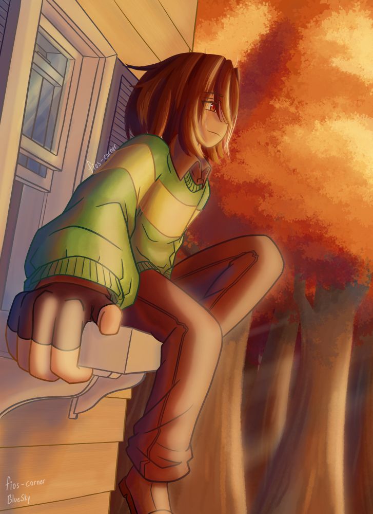 A sunset lit scene of Kris sitting on a window sill outside their room. The orange trees surrounding their home can be seen in the background.