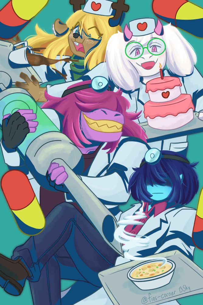 Illustration of Kris, Susie, Ralsei and Noelle in their doctor sprite outfits from Deltarune CH2