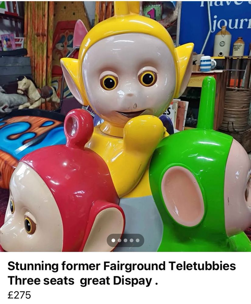 Screenshot of a Facebook market place post for three ex fairground ride seats in the form of teletubbies. Price £275