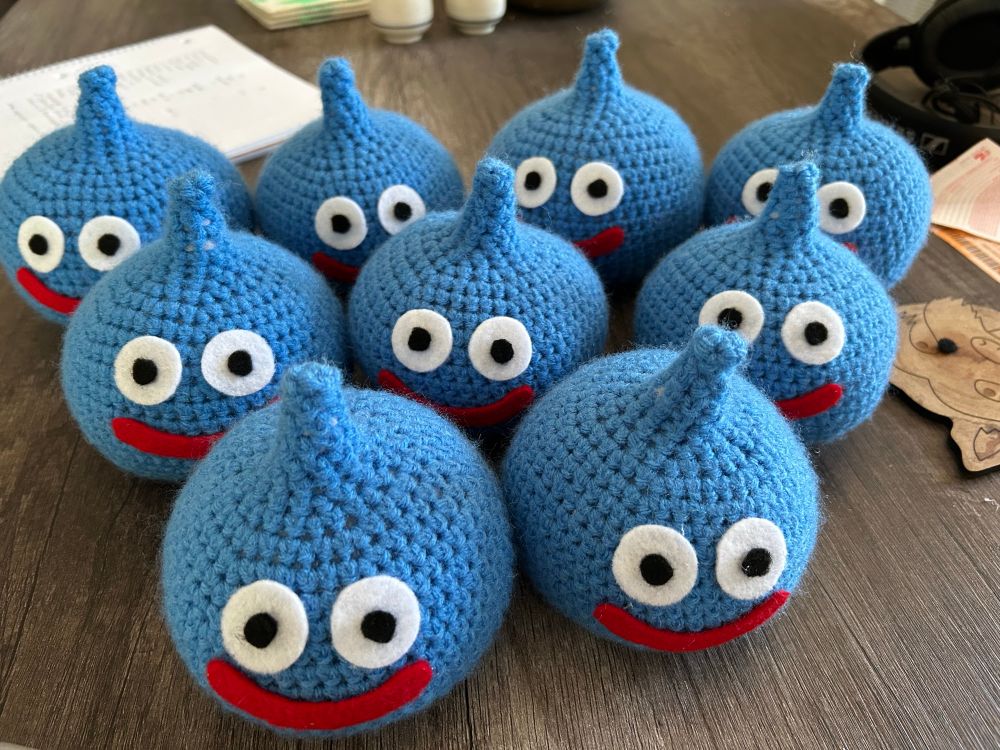 Crocheted slimes from the Dragon Quest series 