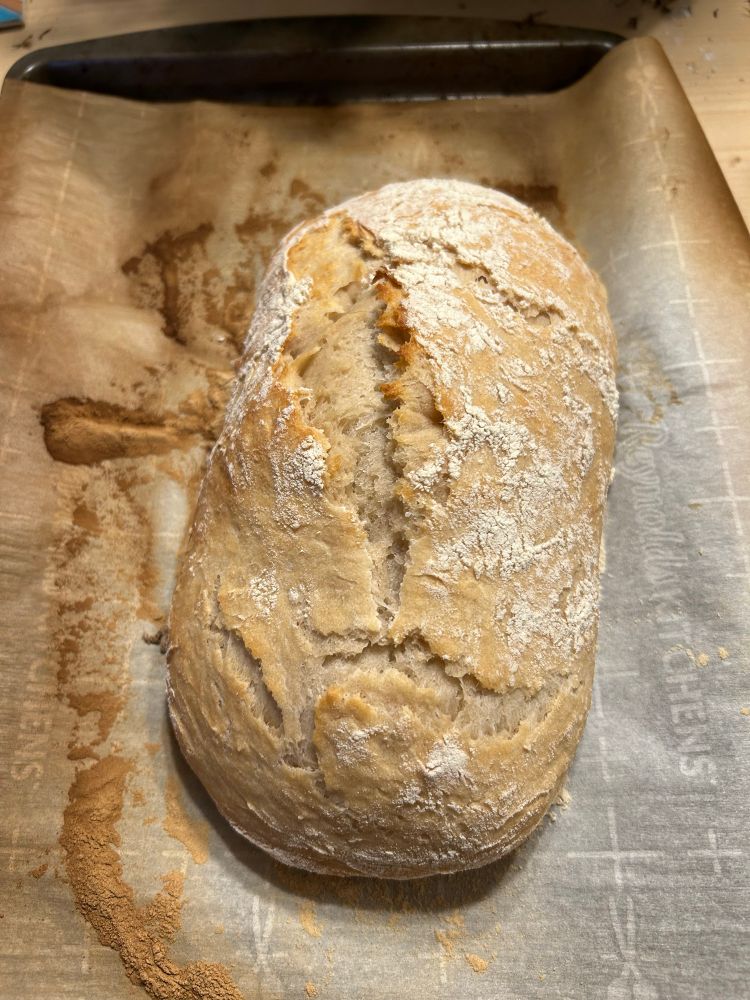 Rustic loaf of bread on parchment paper