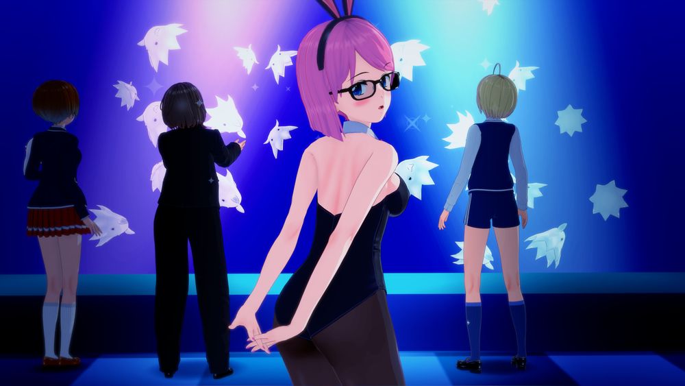 Laura looking back at the viewer while wearing a bunny suit