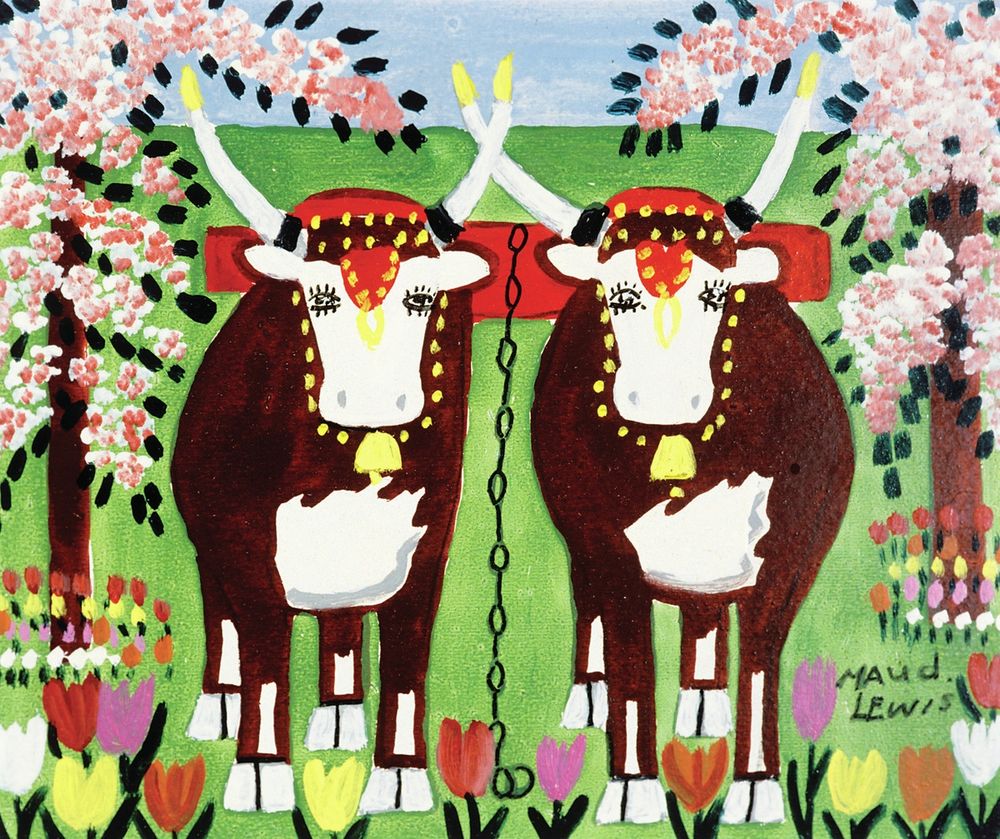 Maude Lewis painting with two yoked oxen with cowbells.  Bright spring colors.