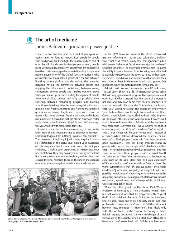 The image is a screenshot of a 2-page article titled James Baldwin: ignorance, power, justice
