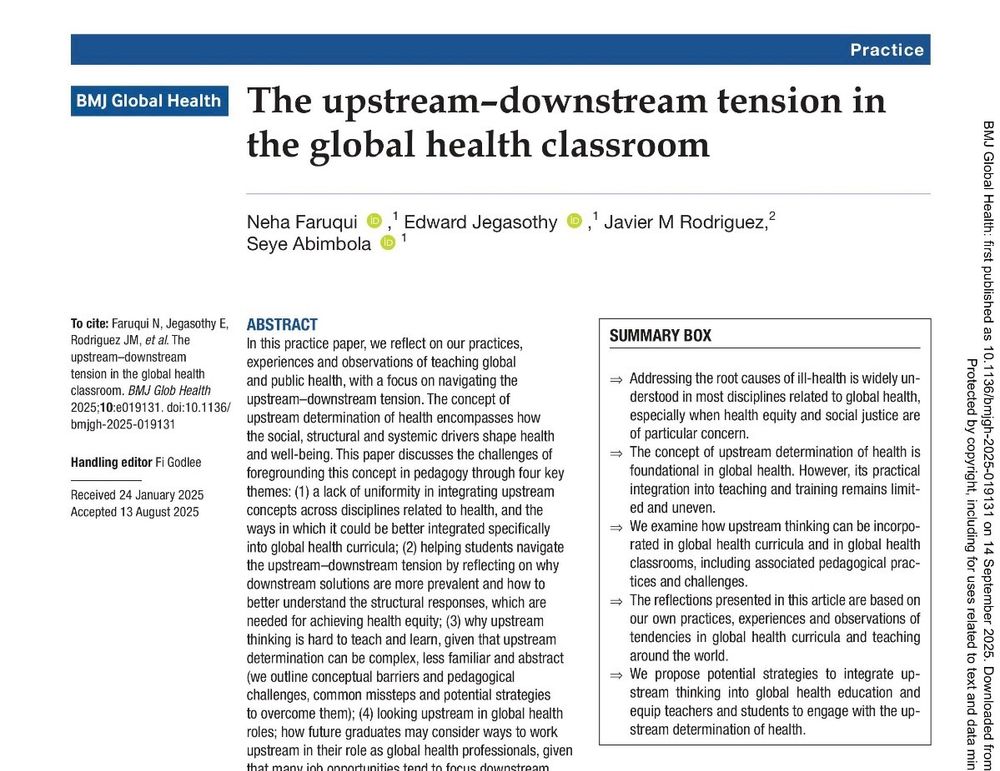 First page of an article titled “The upstream-downstream tension in the global health classroom”