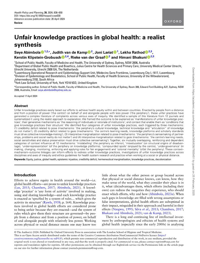 Title page of an article titled "Unfair knowledge practices in global health: a realist synthesis".

