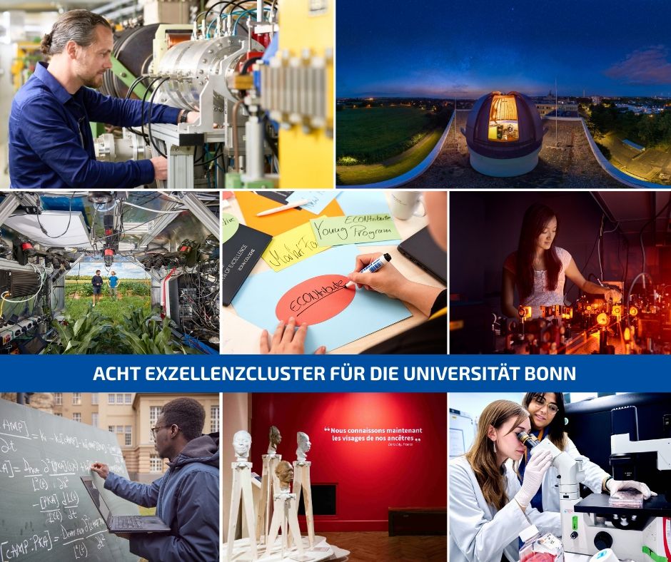 A collage with symbolic images of all eight clusters of excellence. A man working on a machine, an observatory, two people in a field, a woman writing something on a piece of paper, a woman in front of a device, a man writing something on a blackboard, an exhibition, a woman looking through a telescope.