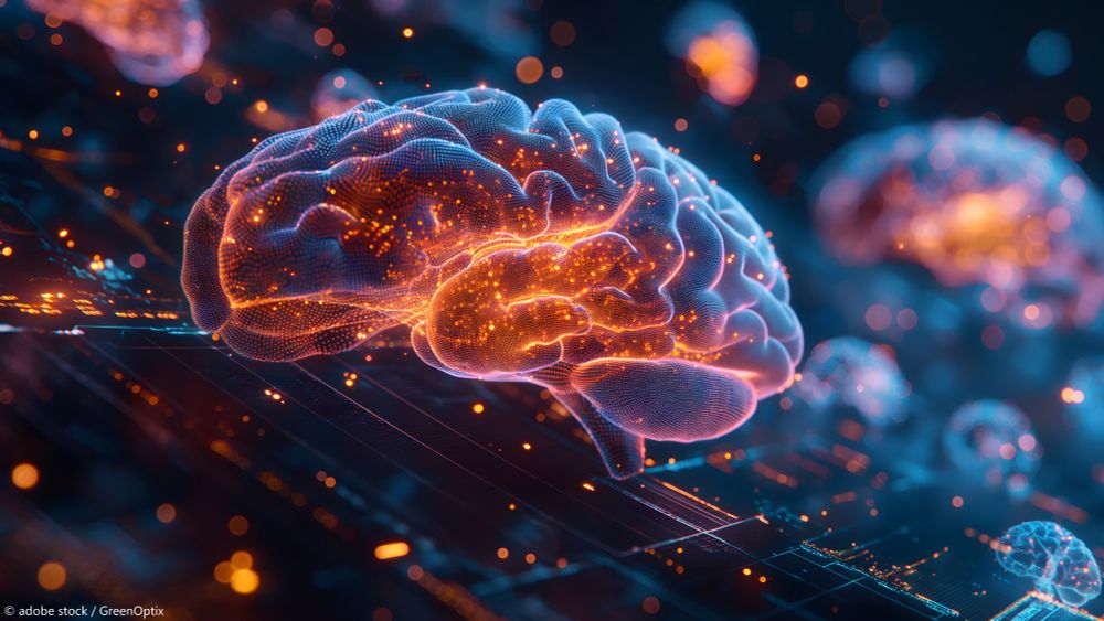 An AI-generated image. It is a blue brain that is illuminated orange in the center.