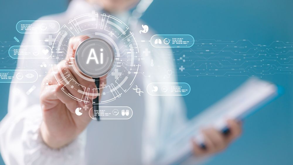 An AI-generated image. It shows a person using a fictitious AI model to create hypotheses in medicine.