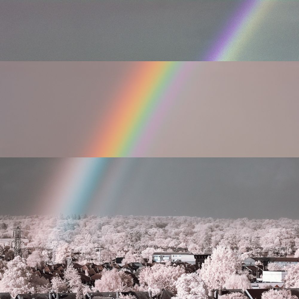 A composite of the three preceding photos, showing that the infrared bow is ‘outside’ the visible light rainbow, and the ultraviolet bow ‘inside’