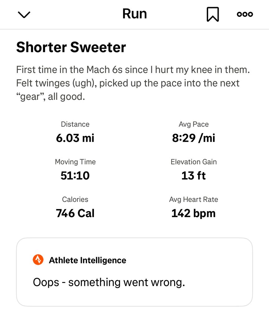 Run details. Strava’s Athlete Intelligence says, “Oops, something went wrong!”