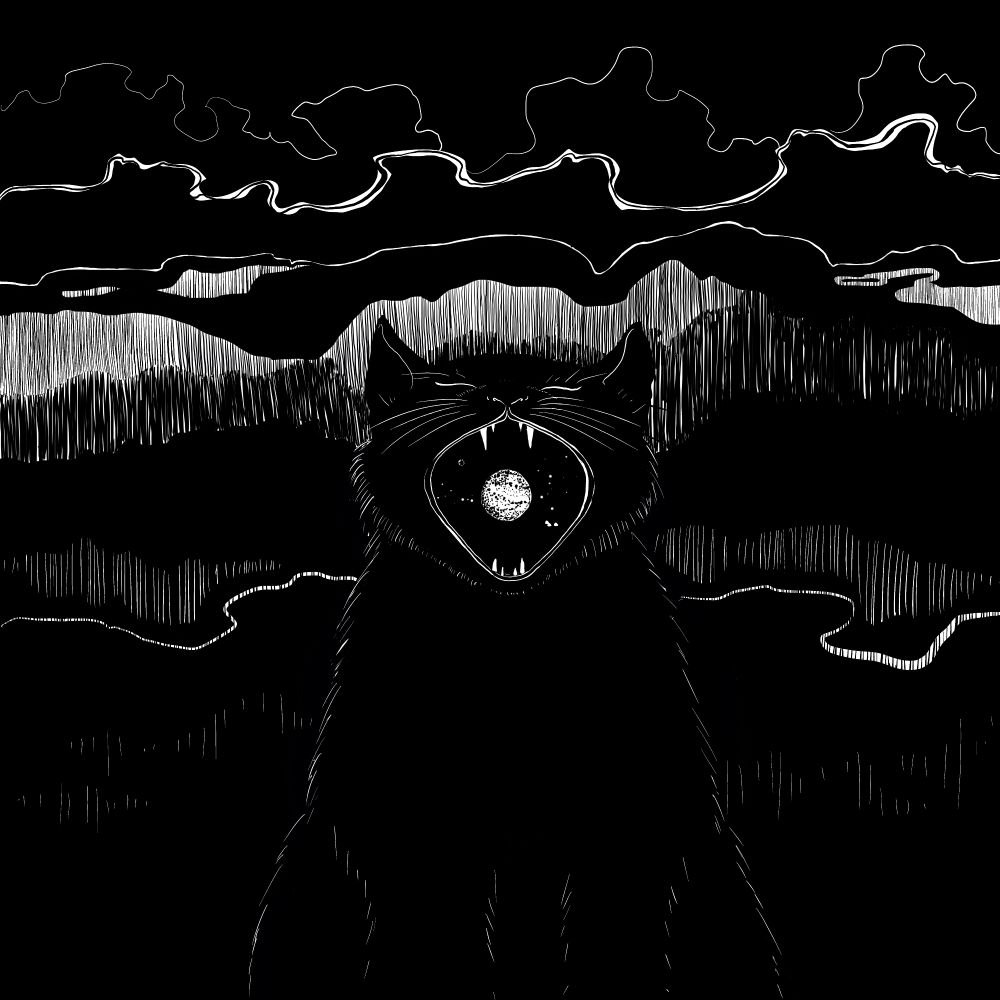 A black and white drawing of a cat sitting on its haunches against a swirling, abstract landscape. The cat's mouth is open wide in a yawn and inside its mouth a planet and stars can be seen.