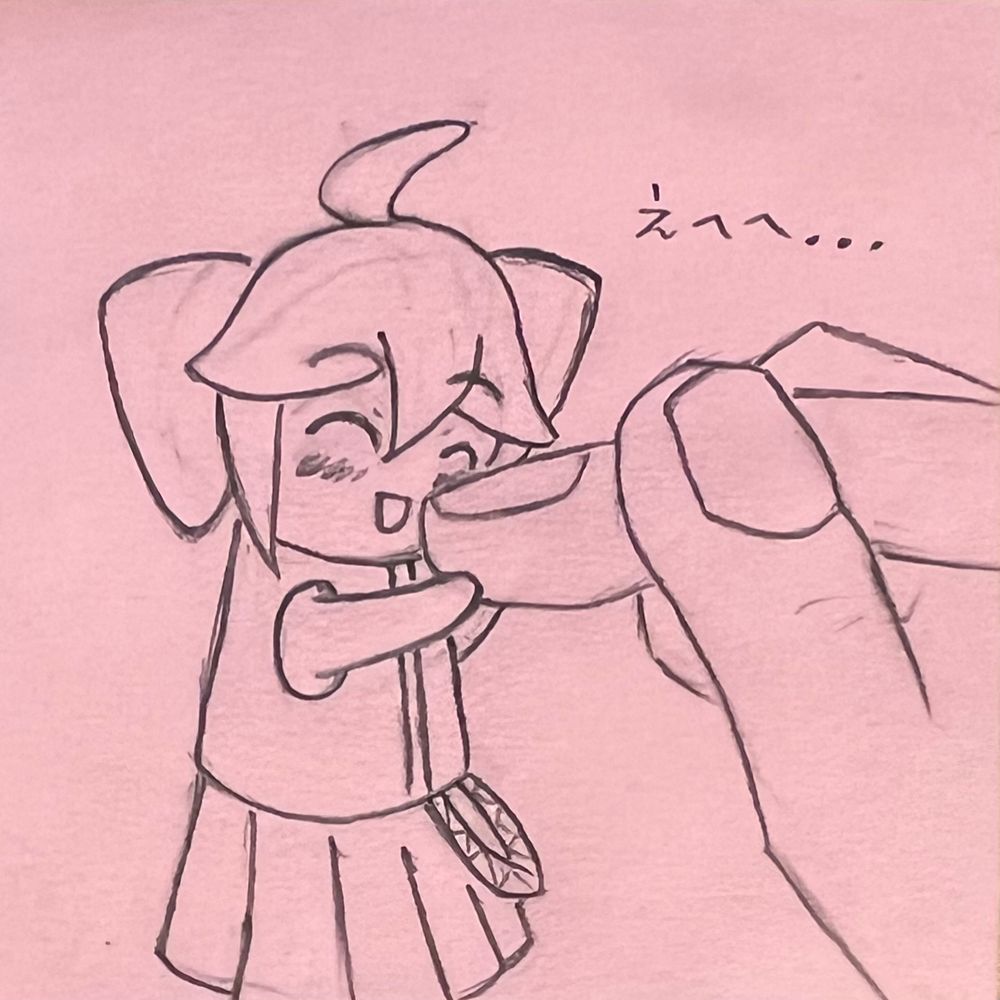 Chibi Kasane Teto hugging a big index finger that’s poking them. The characters 「えへへ…」(ehehe…) are written above the big hand.

#KasaneTeto #Teto #Utau #Utauloid #Chibi #pencil #sketch #postit #traditionalArt #重音テト #ファンアート