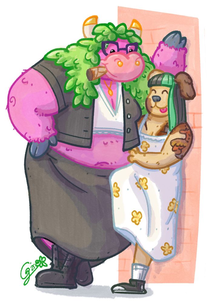 A big, chubby pink furred cow with green leafy hair and a joint casually pins a smaller dog girl to a wall, they're both having a great time.