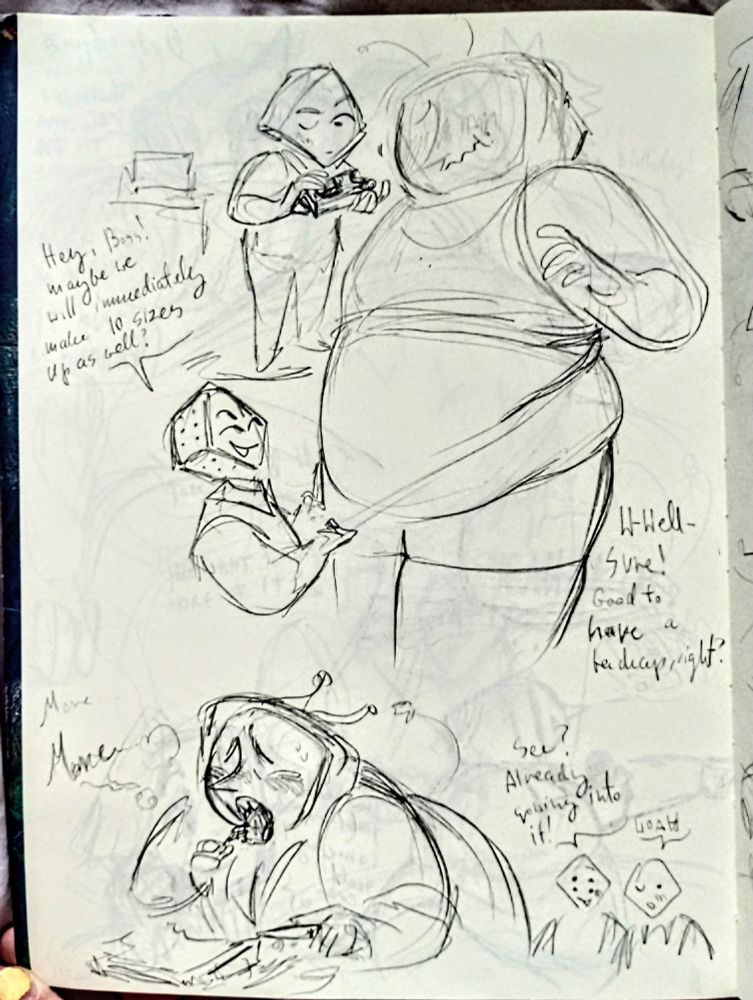 Pippins measure Tenna for a new suit while feeding him cassette tapes 

P: hey boss! Maybe we will immediately make 10 sizes up as well? 

T: well- sure! Good to have a backup, right? 

Tenna stuff himself with a VHS player progressively cut and eaten, chest to the table, ass up, mumbling "more, more~" 

Pippins in the background watching it, blushing

P1: see? Already growing into it! 
P2: woah... 