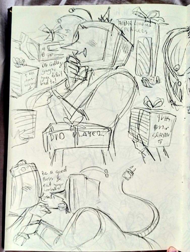Tenna gets a lot of new tech, accessories, DVD and VHS (which he will eat through whole comic) 

Tenna: oh Golly, guys, you didn't had to! 

Zapper spoon feeds Tenna, holding his hands puppy style

Zapper: be a good boss and eat your workers goods 