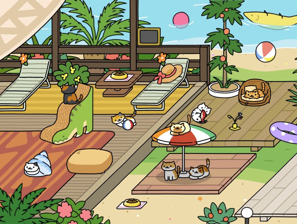 Neko Atsume 2 screenshot, Resort scene, customized to have the beach  background. Eight kitties are visiting. 