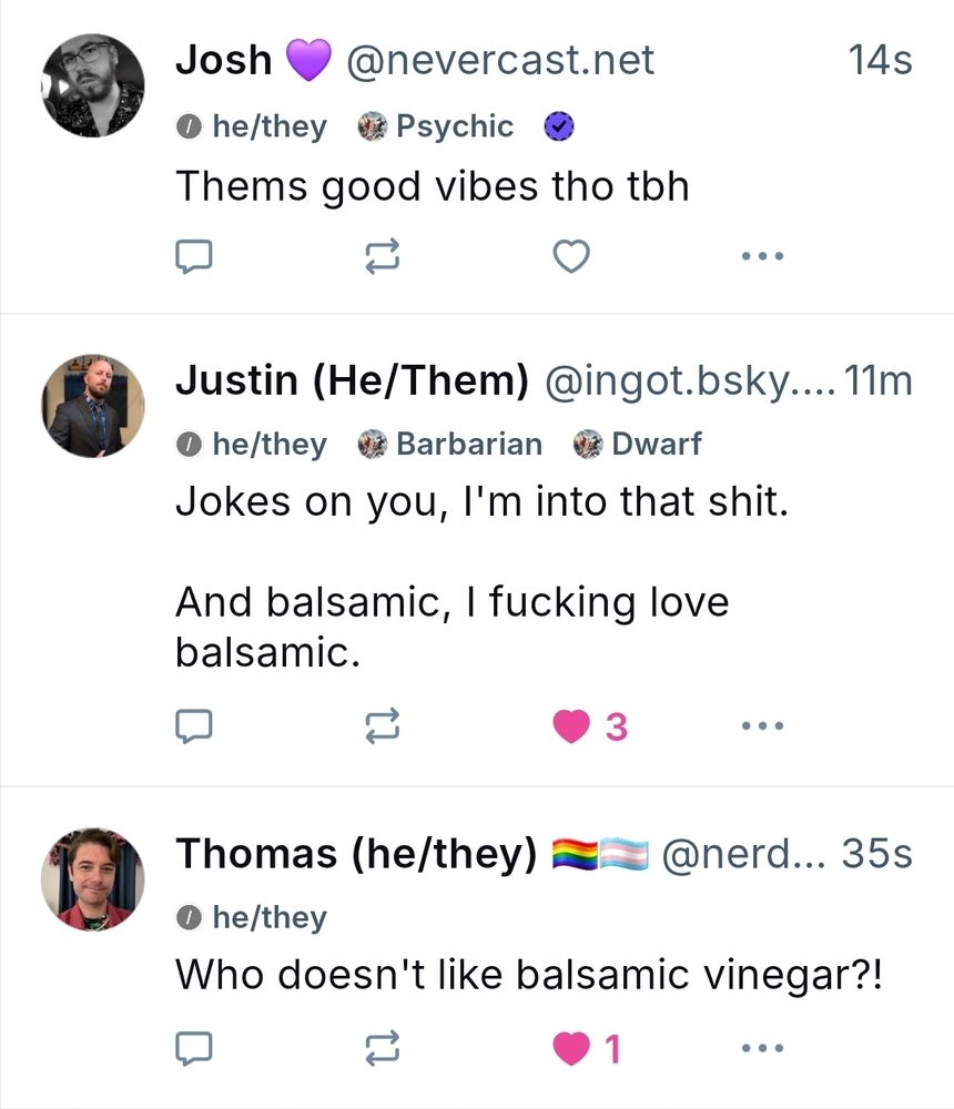 Bluesky screenshot featuring three people in the comments, each with a he/they pronoun label