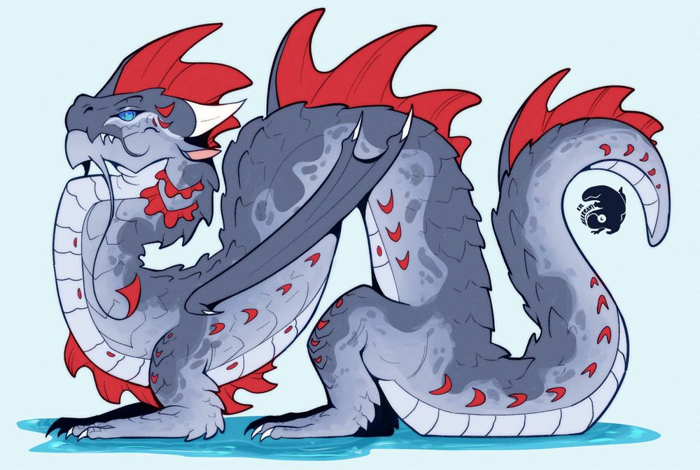 a long, snake-like blue-gray and red seawing dragon