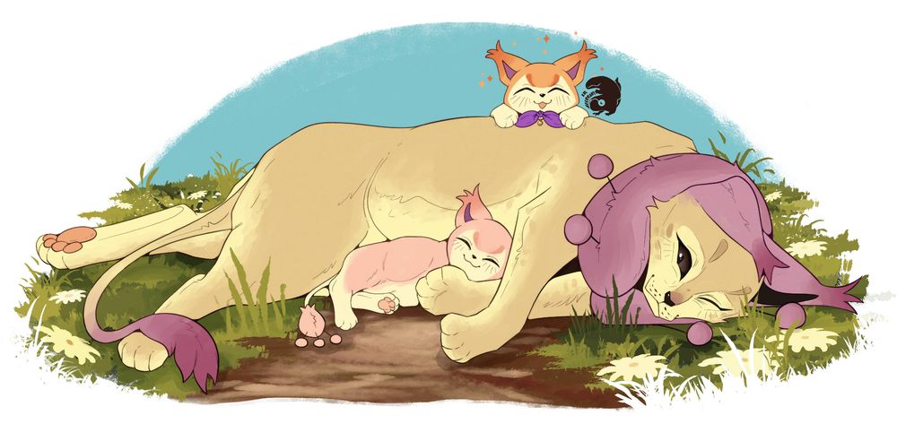 a digital drawing of a delcatty resting among grass in flowers with a dirt patch. there is a skitty laying along her belly and another, that is a shiny variant, wearing a purple bow that's climbed onto her side.