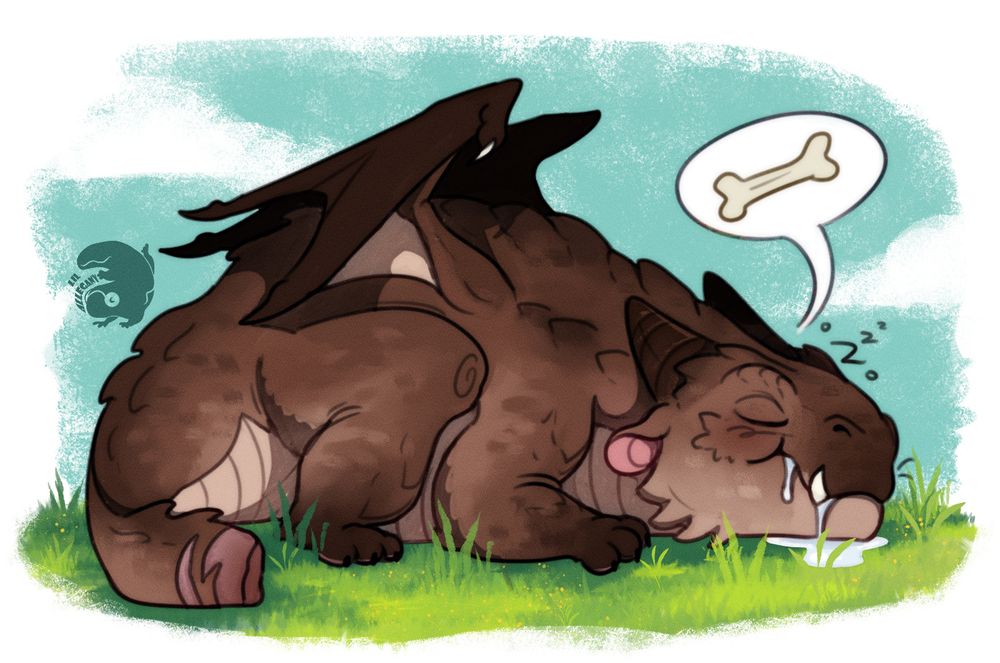a digital drawing of a spottled baby mudwing laying in grass thinking about a bone and drooling