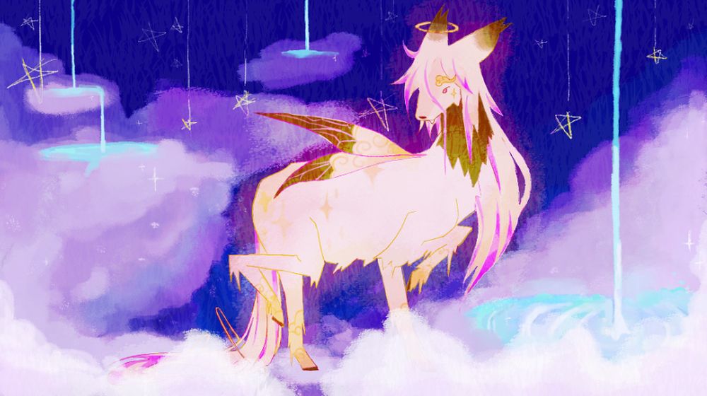 A fairy elk creature standing in a bed of clouds at night, surrounded by stars and softly glowing  