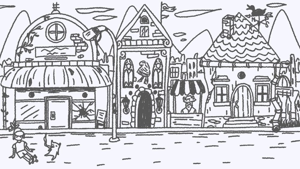 Cartoony lineart of a street with a hat shop, church, vendor, and house. A kid and his cat are sitting on the street.