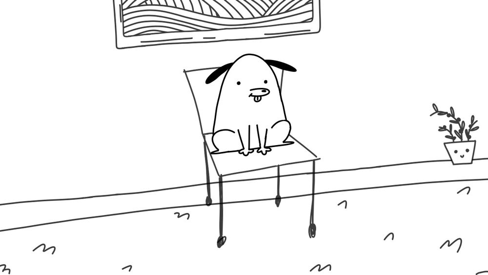 Lineart of a silly dog sitting on a chair in a therapy office