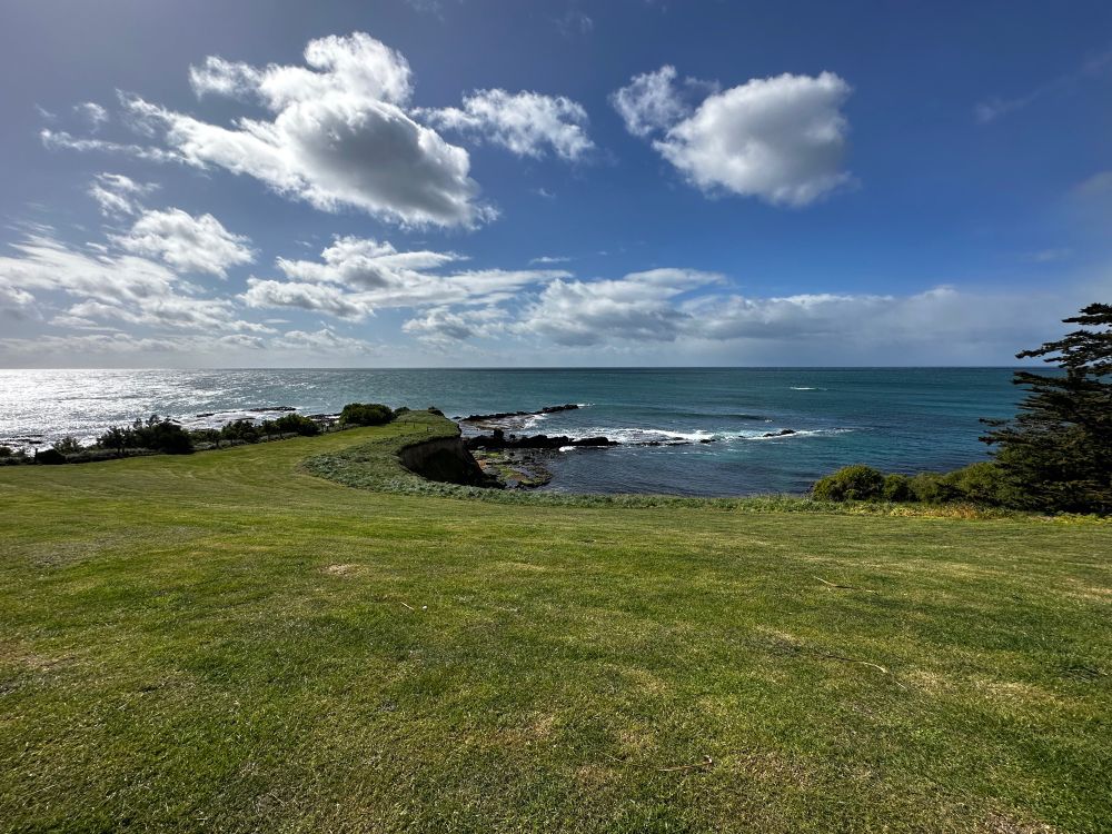A beautiful photo of a sacred site in Te Waipounamu looking over a green slope with a cliff falling into the ocean (due to coastal erosion). There is a bright teal ocean and blue sky with clouds in the background.