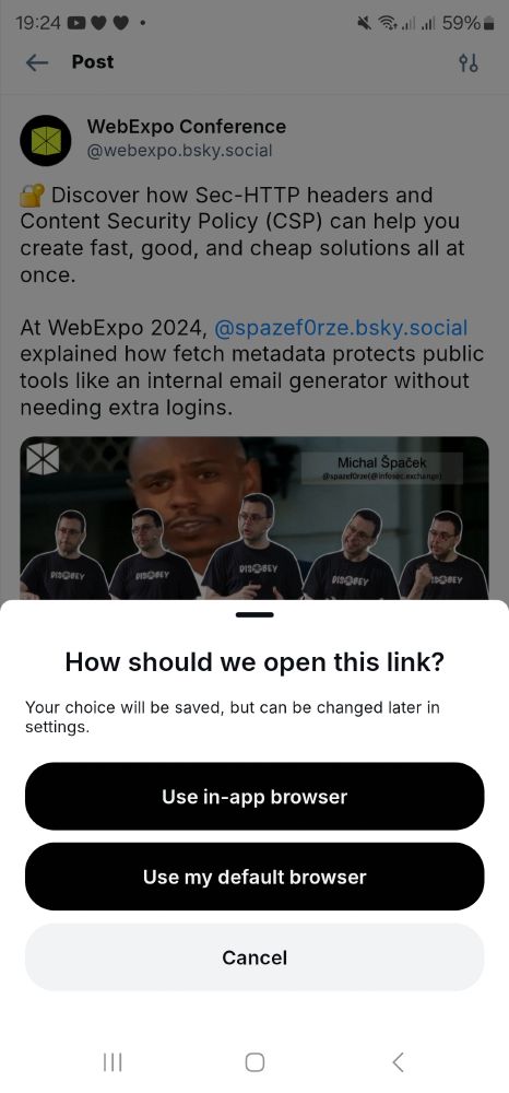 Screenshot of Bluesky prompting to use in-app vs default device browser after clicking on link