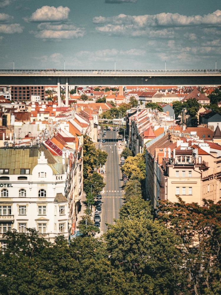 Picture of a tree-lined street in Prague with the bridge in the background over the quarter. Shot from Vyšehrad.