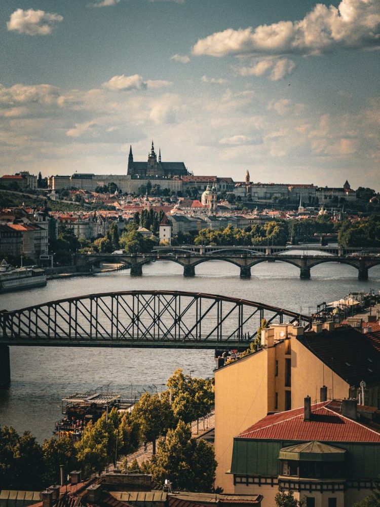 Photo of Vltava River, bridges, and Prague Castle from Vyšehrad.