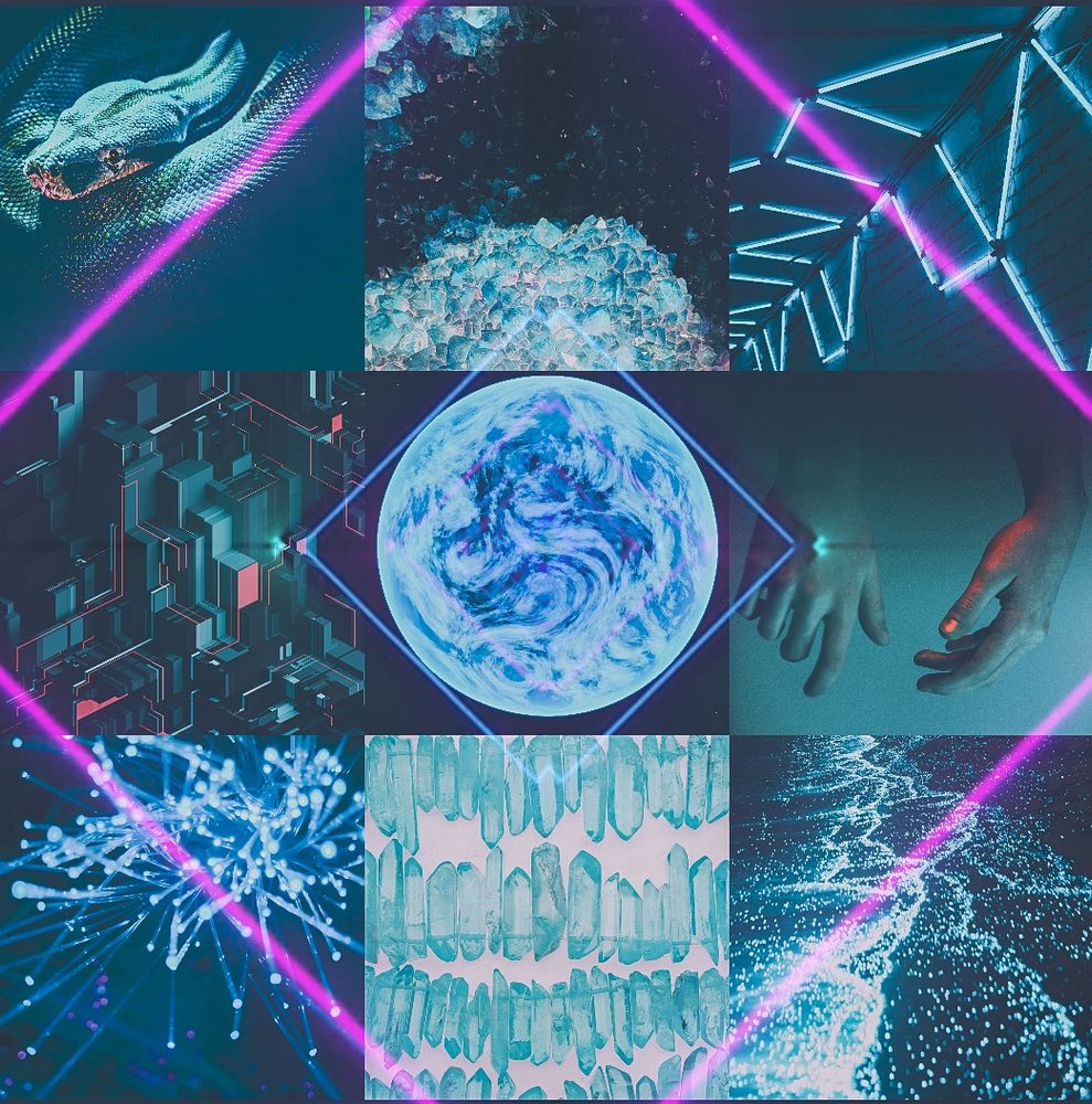 A moodboard with blue tones. At the center is a glowing blue planet. Surrounding it are: a snake, a cluster of glowing crystals, neon lights forming a geometric pattern, futuristic blocks with glowing lines between them, a pair of hands, some glowing optic fibers, blue crystals laid out in several rows, and some bioluminescent waves. There are two neon squares overlaying the moodboard—one smaller one outlining the plannet at the center, and a larger one crossing through the corner images.