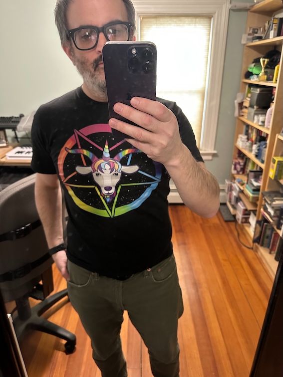 Wearing my new rainbow unicorn'd goat pentagram t-shirt. Desperate for attention, I try this as a way of getting it.