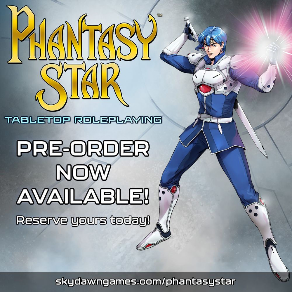 Phantasy Star Tabletop Pre-Order Ad featuring Rolf Landale preparing for combat.