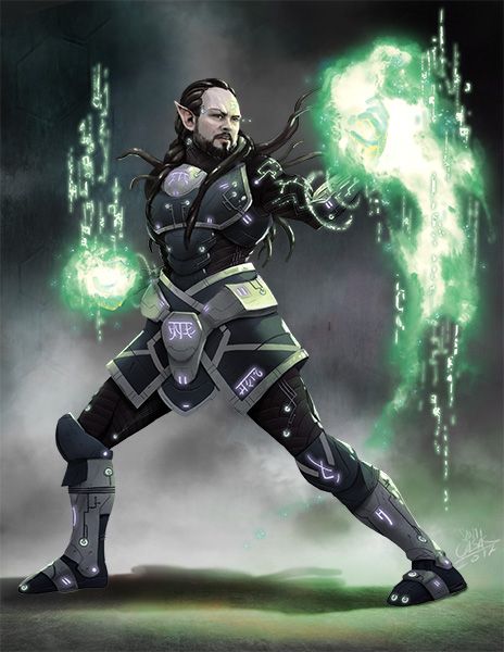 A tentacle-haired ashenforged in a combat pose. His hands are surrounded by blazing green light fashioned from digital code.