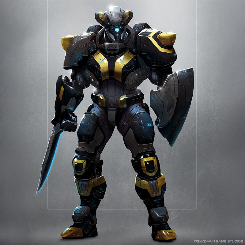 A suit of futuristic battle armor with an arm-mounted blade and molded shield.