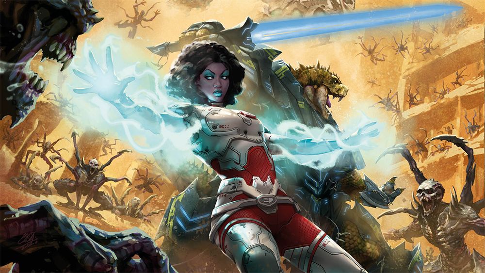 Esper characters fighting an army of seethespawn