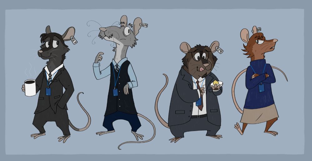 A digital draw of the four main characters from the TV show Severance as anthropomorphic rats. From left to right: sleepy black rat in a black suit holding a coffee mug, scared-looking grey rat in a blue vest and shirt, brown rat in a grey suit happily holding a deviled egg, red-brown rat in a blue sweater and skirt looking angry.