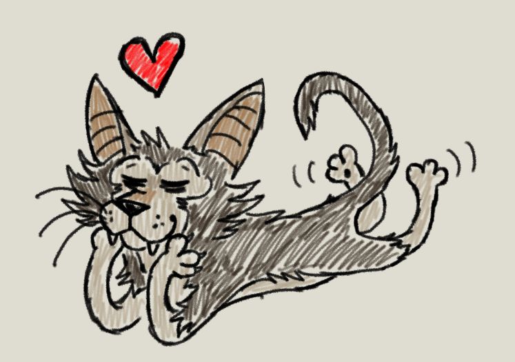 doodle of a brown cat with a heart above her head, laying on her belly with her hands on her chin and kicking her feet in the air behind her
